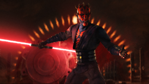 Darth Maul holds a double-bladed lightsaber.