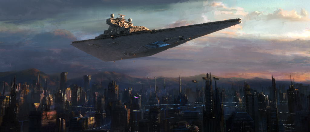 An Imperial Star Destroyer looms over the city of Janix.